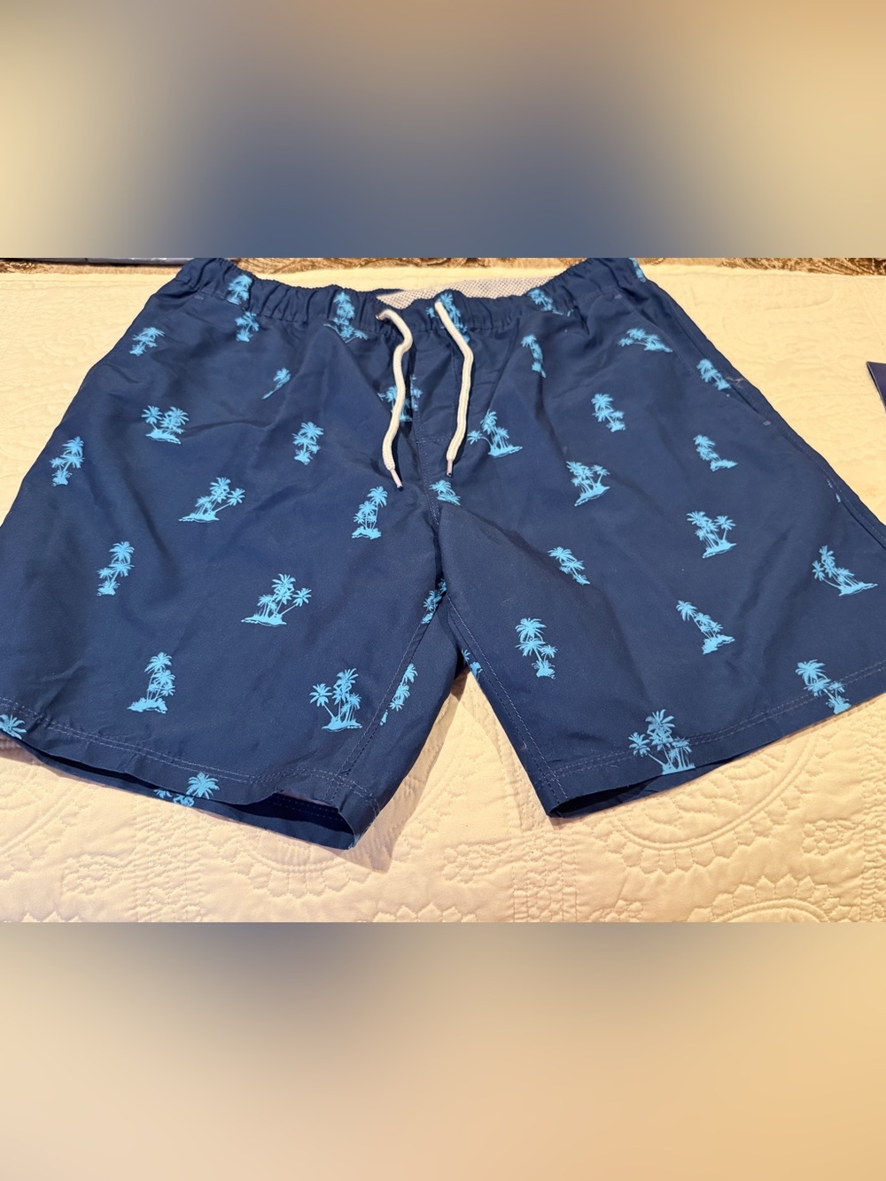 Men's Navy Blue Palm-Print Swim Trunks